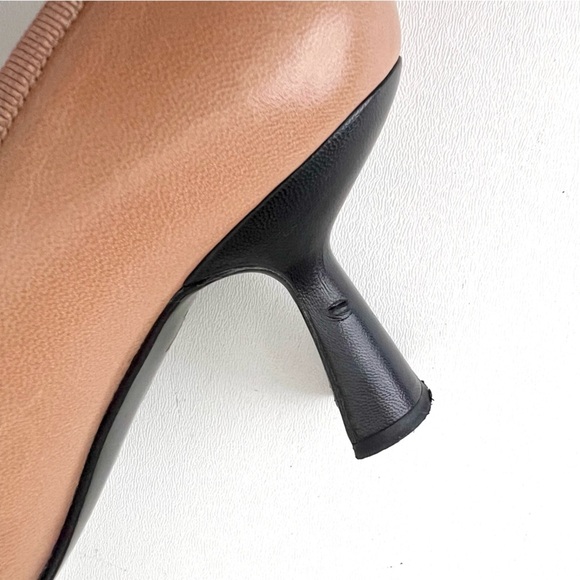 CHANEL | Vintage Beige & Black Leather Cap Toe Square Pumps Bow Logo EU 37.5 - Picture 12 of 16